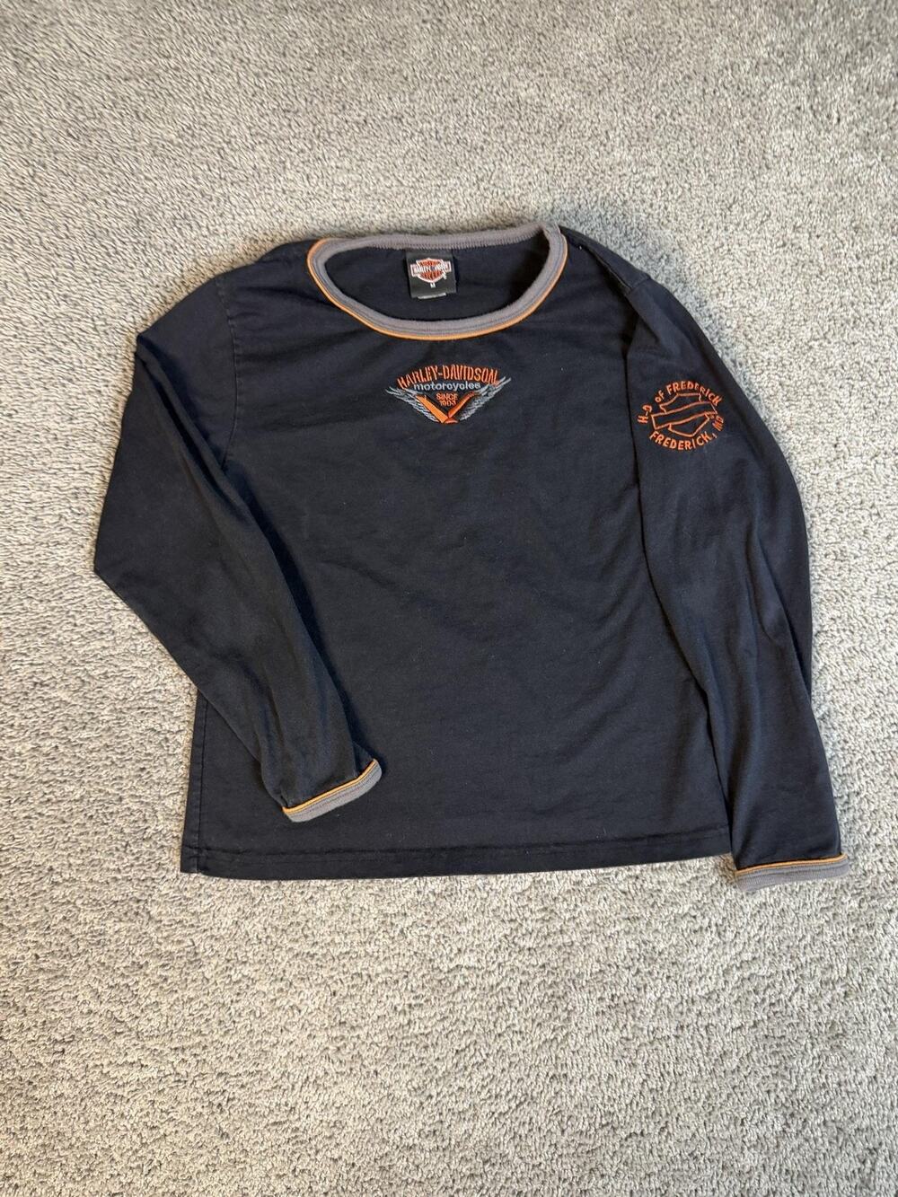 Harley-Davidson Shirt Womens M Black Ringer Long Sleeve Embroidered 100% Cotton